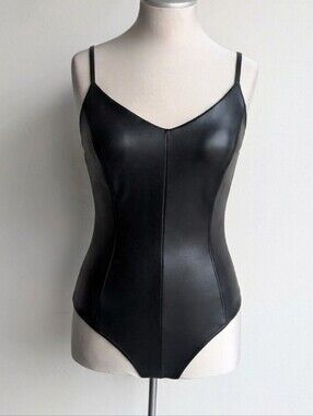 Blashe Black Faux Leather V-Neck Bodysuit